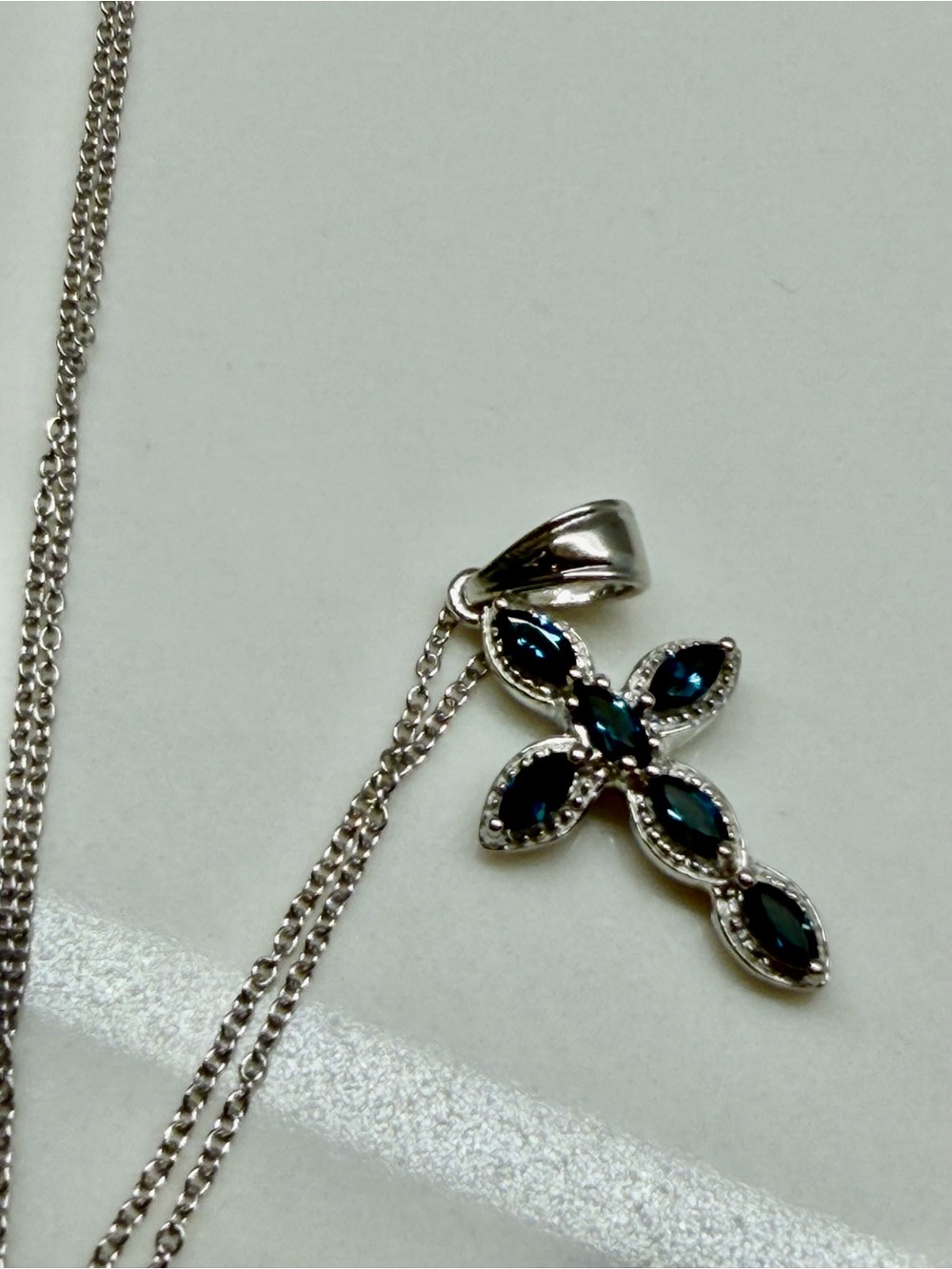 Sterling Silver Cross Pendant Necklace in London Blue Topez 9 inches long